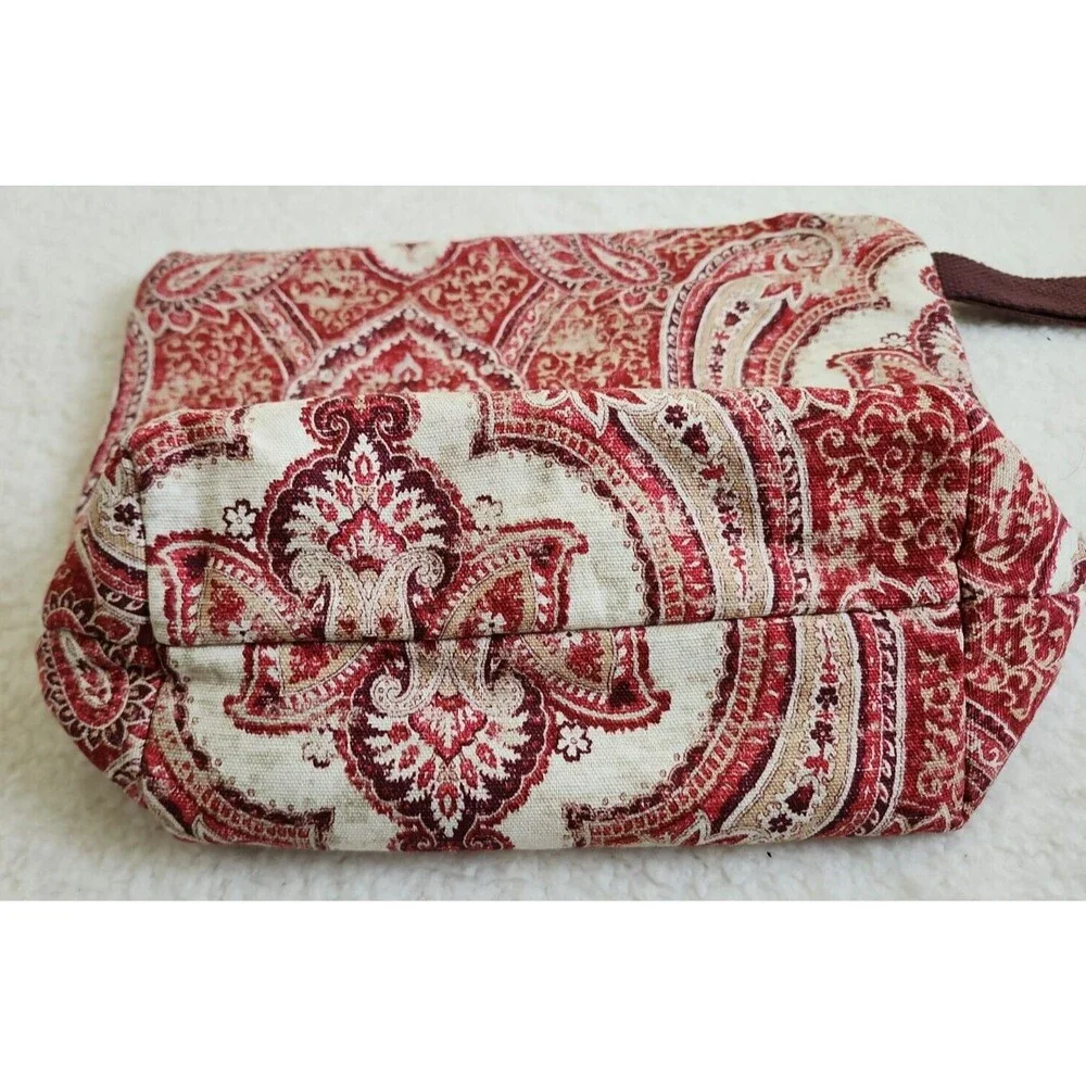 Fabric Tapestry Pattern Makeup Bag, Zippered Project Bag, Cream, Red Pouch